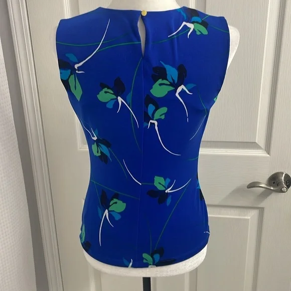Calvin Klein Blue with Green floral Sleeveless Fitted Blouse Round Neck Size XS - Picture 6 of 8